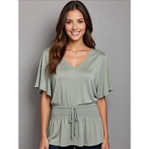 Maurices Top Womens XL Green V-Neck Peplum Tie Waist Boho Peasant